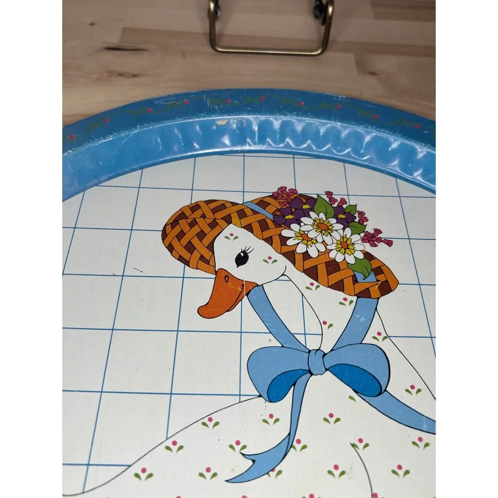 Vintage Giftco Inc Round Metal Serving Tray Goose Sun Hat Blue White Grid 13